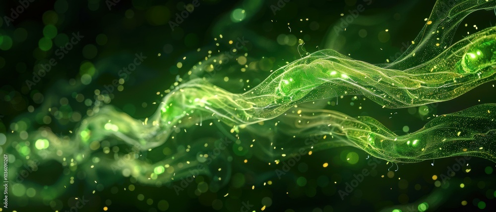 Poster abstract green and gold design with flowing lines and bokeh. ai.