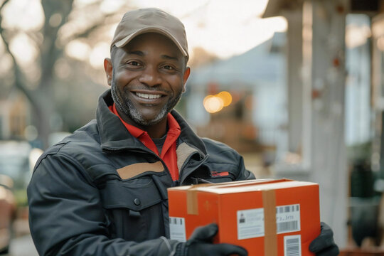 a professional delivery driver dropping off a dry cleaning service package to a satisfied customer's doorstep - Powered by Adobe