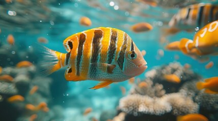 A colorful fish swims among coral reefs in a vibrant blue ocean. AI.