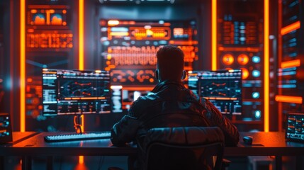 Fototapeta premium A person sits in front of multiple monitors in a dark room, illuminated by colorful lights. AI.