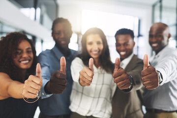 Thumbs up, teamwork and hands of business people in office with gesture for success, support and approval. Corporate workers, diversity and men and women with emoji for agreement, yes and thank you