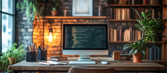 A computer monitor on a wooden desk in a home office with plants, books, and a brick wall.