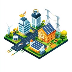 Obraz premium A vibrant, 3D illustration showcasing a sustainable urban landscape with solar-powered buildings, wind turbines, and power lines.
