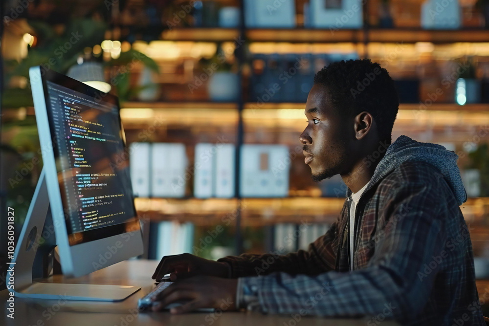 Poster an african american programmer man sitting at his desk, coding on his computer in a modern office se
