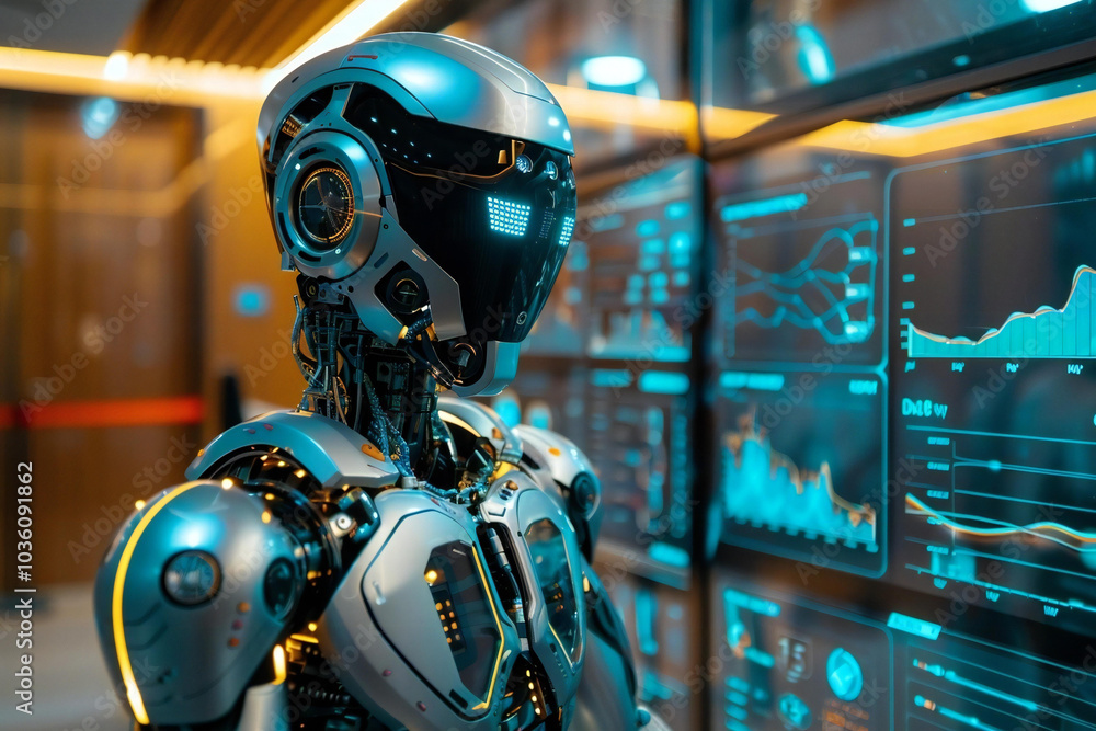 Poster futuristic ai humanoid advisor robot analyzing kpi data on a sleek digital dashboard in a modern off