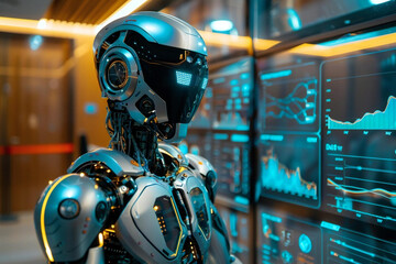 futuristic AI humanoid advisor robot analyzing KPI data on a sleek digital dashboard in a modern office setting.