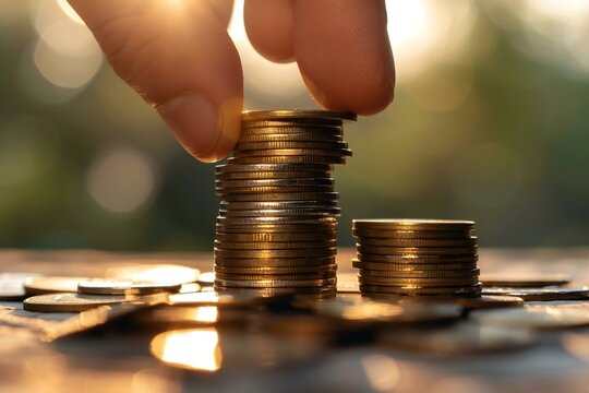 close-up photo of a hand holding a stack of coins with blurred out office background, symbolizing the concept of minimum wage and salary increase, insurance compensation, and profit growth
