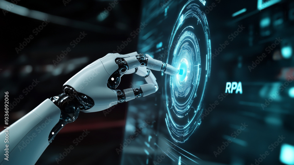 Poster a robot hand is pressing a button on a futuristic screen. this represents the concept of robotic pro