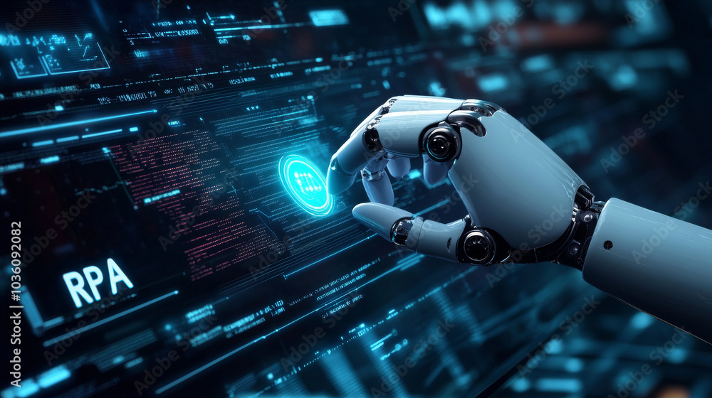 Poster a robot hand is pressing a button on a futuristic screen. this represents the concept of robotic pro