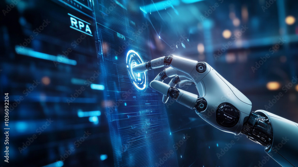 Poster a robot hand is pressing a button on a futuristic screen. this represents the concept of robotic pro