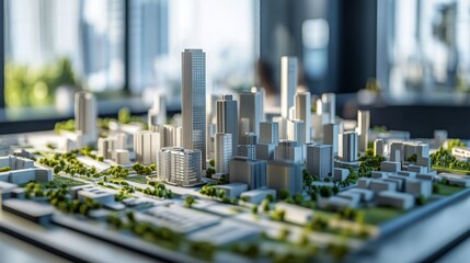 A detailed urban planning office with city models and zoning maps on display, Urban planning office scene, Methodical and visionary style