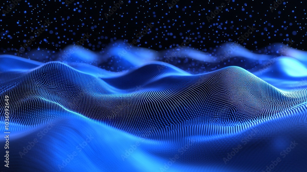 Poster an illustration of data technology with an abstract futuristic background. a wave of dots and lines 