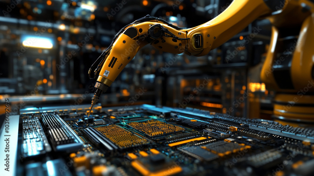Poster a robot places electronic parts onto circuit boards quickly and precisely. this is used in factories