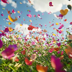   A field brimming with pink and yellow blossoms beneath a cerulean sky adorned with numerous white and yellow balloons
