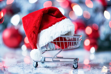 Celebrate the festive season with a vibrant Christmas sale featuring a shopping cart and Santa hat