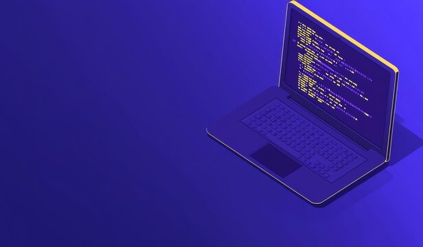 Web development, software development, and programming concept. Abstract programming language on laptop screen. Laptop and icons company network.