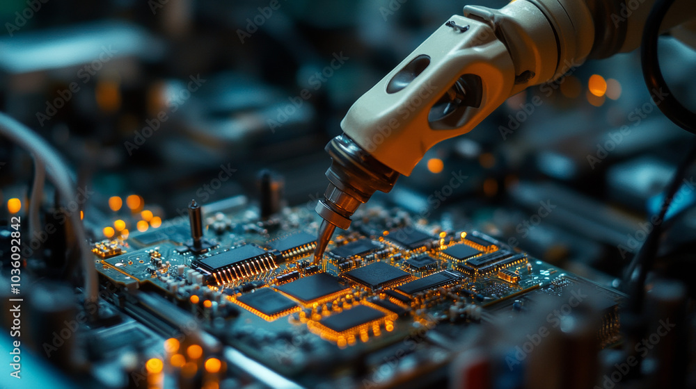 Poster a robot places electronic parts onto circuit boards quickly and precisely. this is used in factories