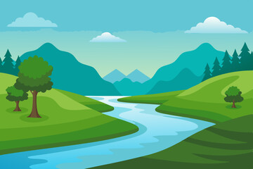 Obraz premium A realistic illustration of a vector landscape river with greenery