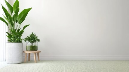 A wooden side table displays a vibrant terrarium filled with succulents, set on a lush green carpet in a cozy living room, creating a welcoming ambiance