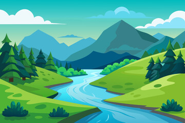 A realistic illustration of a vector landscape river with greenery