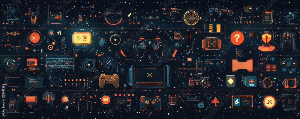 Poster dark background with glowing digital symbols and abstract shapes, illustrating modern technology and