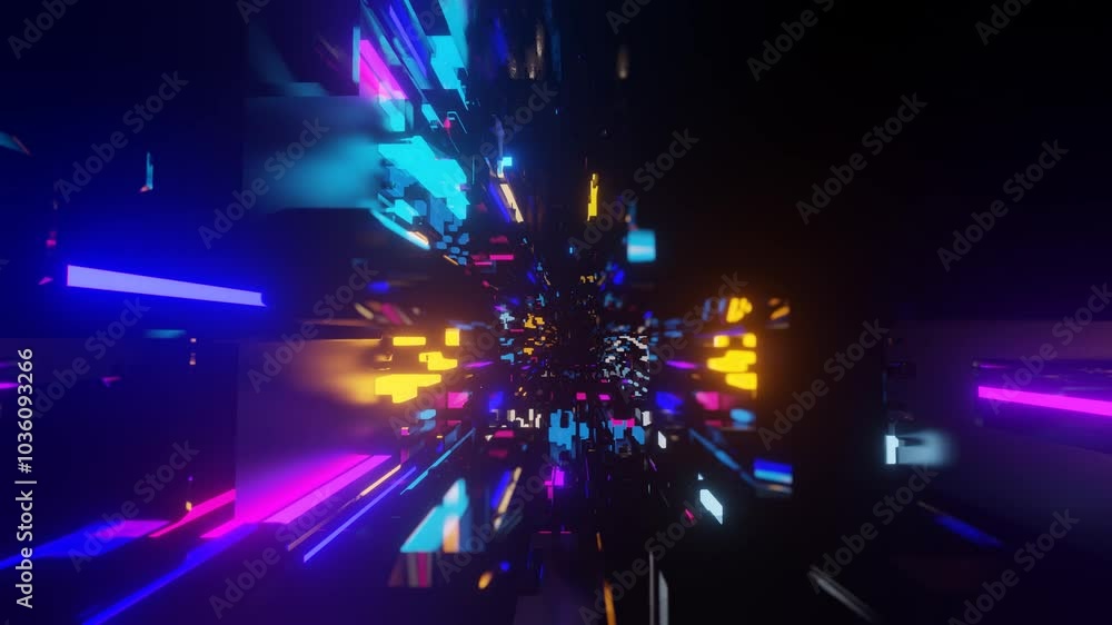 Poster abstract frames and boxes. fly through technology cyberspace with neon glow. sci-fi flight through h