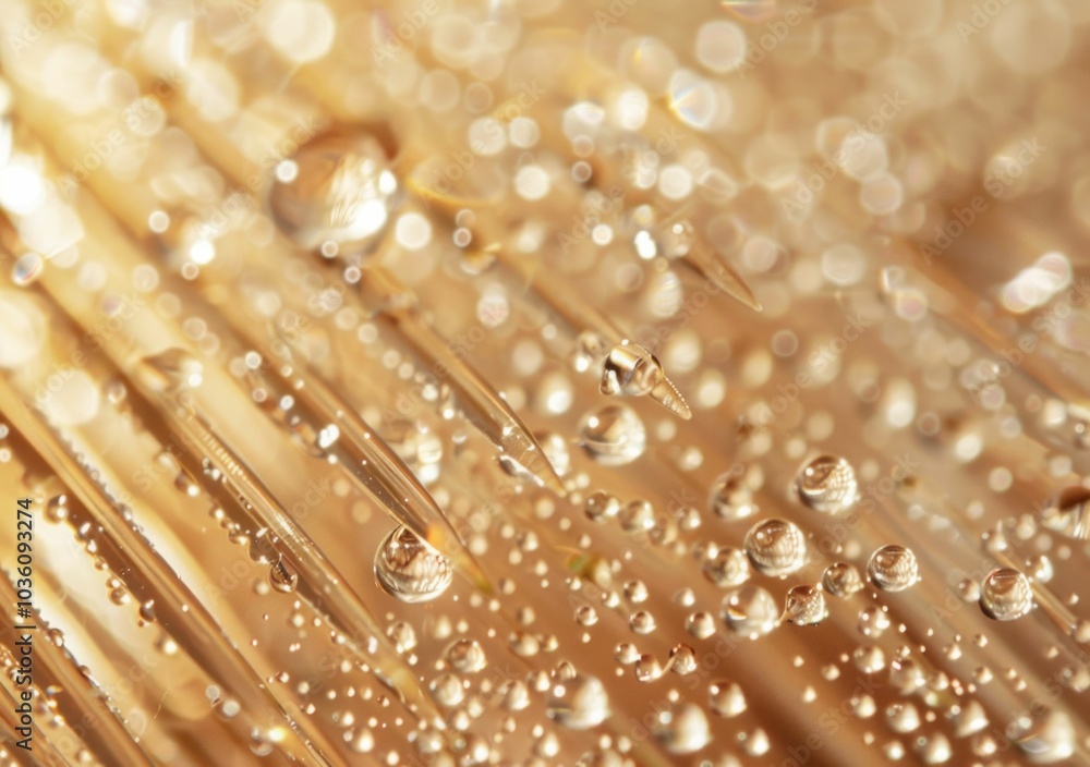 Poster water droplets on golden textured surface, reflecting light with a bokeh effect the image captures a