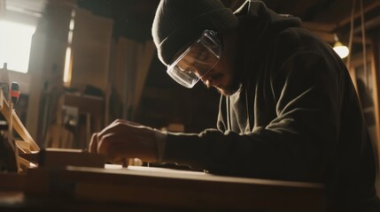 A detailed view of a carpenter in a workshop, wearing safety goggles and working on a wooden piece, Carpentry scene