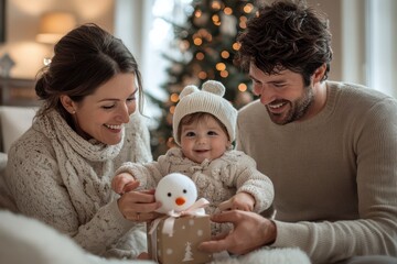 Happy European family enjoying cozy Christmas moments together in a festive living room with a snowman decoration and holiday gifts.