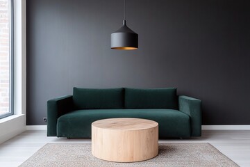 Dark green velvet sofa with wooden round coffee table, modern living room design with black accent wall, pendant light, and light area rug, contemporary and minimalistic home interior

