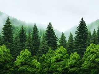 Fototapeta premium A misty forest with tall evergreen trees against a hazy white sky. The scene evokes a sense of tranquility and peace.
