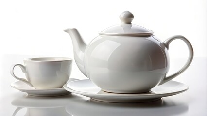 Classic white teapot and teacup are standing on a white table reflecting in the surface
