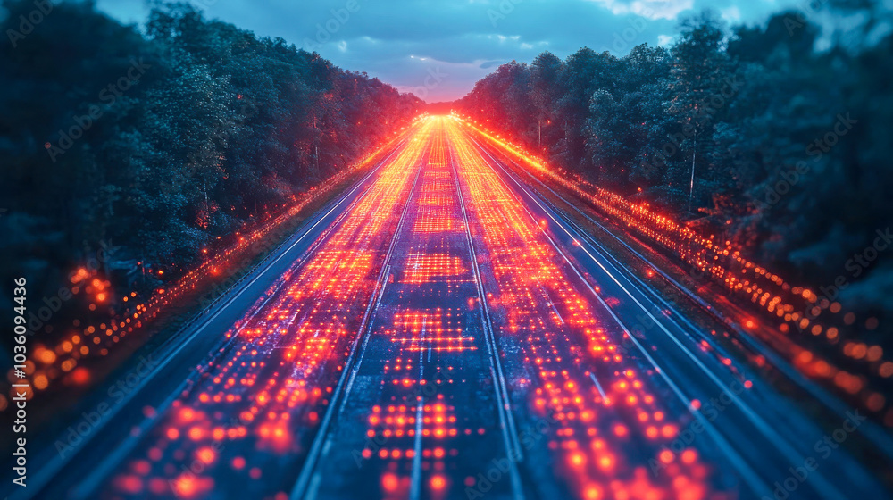 Poster digital data streams represented as glowing light on a high-speed road through a forest, showcasing 