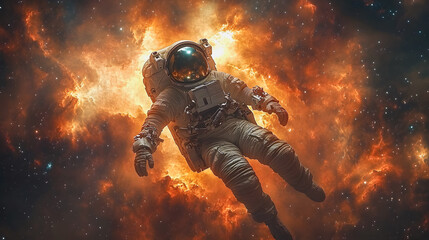 An astronaut floating in space near a colorful nebula, stars twinkling in the background, representing the vastness of the universe and human exploration