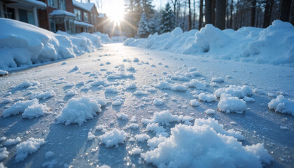 Obraz premium Winter pathway with fresh snow and ice, illuminated by sunlight in a residential area