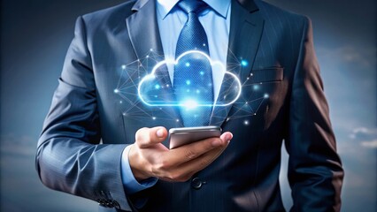 Businessman is holding a smartphone with a cloud computing icon floating above