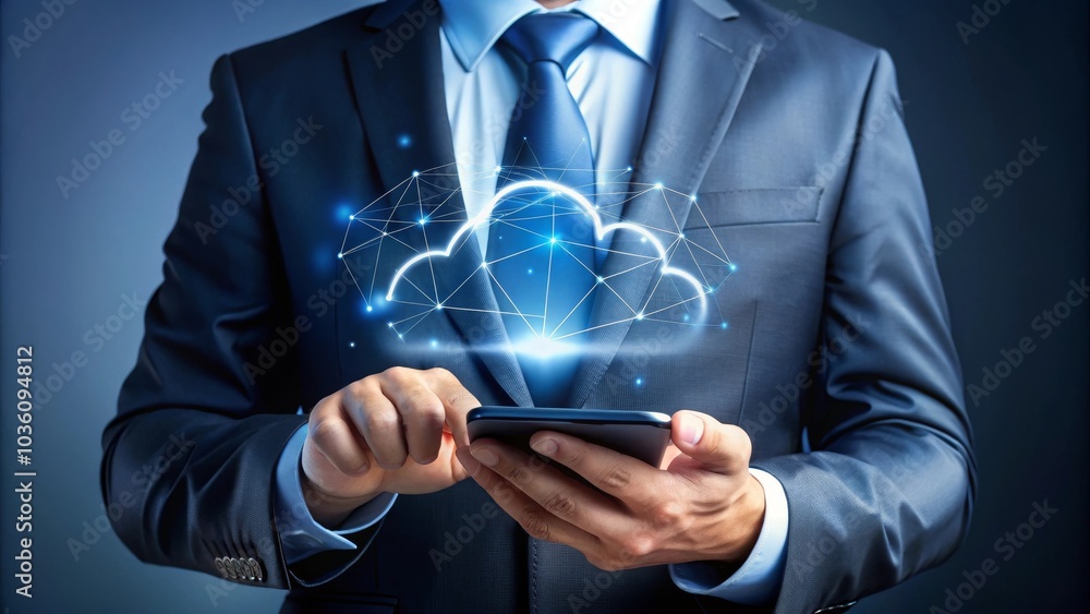 Poster businessman is holding a smartphone with a cloud computing icon floating above