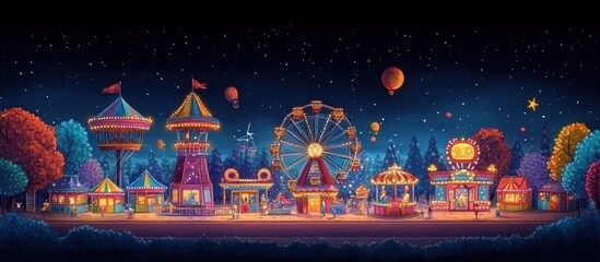 A colorful carnival with a Ferris wheel, carousel, and various rides, all illuminated under a starry night sky.