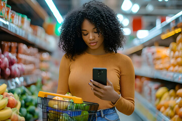 Shopping on Black Friday: Woman in Grocery Store with Phone and Grocery Cart, Fresh Produce and Sales