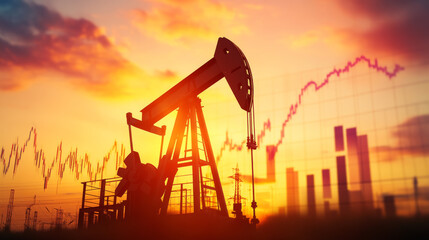 A silhouette of an oil pump against a sunset sky, with financial graphs rising, showing how the energy market is growing.