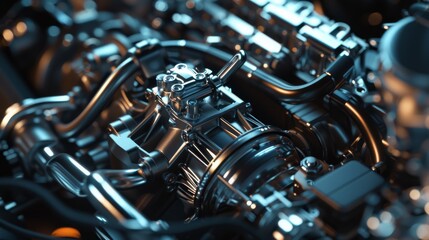 A detailed view of a car's engine under the hood, with various components and wiring visible, Automotive setting with intricate details