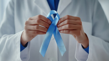 doctor hand holding blue ribbon in loop shape on white background, prostate cancer symbol, november, prostate cancer awareness month, male oncology, medicine, health