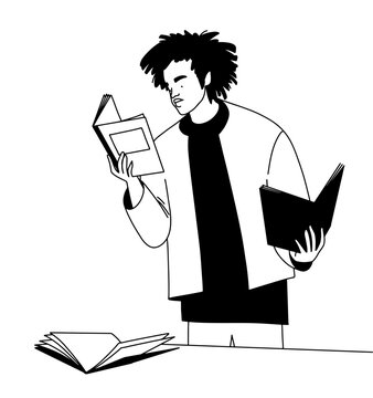 recommend clip art: outline, coloring page, young man, student reading books, studying lectures. Vector illustration