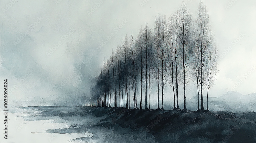 Aufkleber row of trees in field with foggy sky