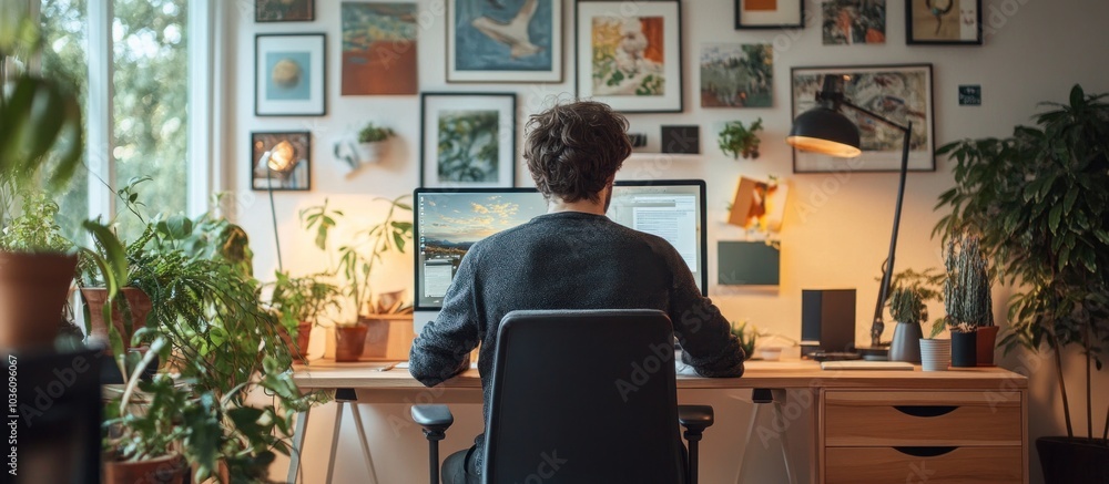 Poster man working at a desk with a computer and plants.