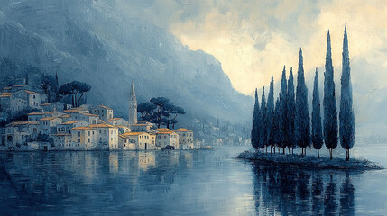 Obraz premium A village by the lake, surrounded by trees and towering mountains in the distance
