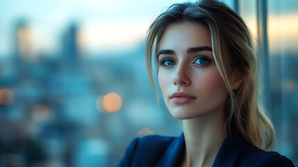 Naklejka premium A woman with long blonde hair and blue eyes is standing in front of a window