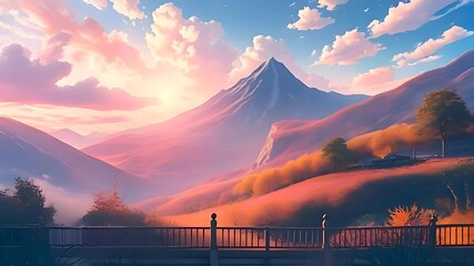 sunset over the mountains landscape anime