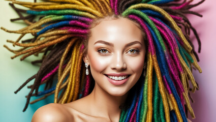 portrait of beautiful happy fashionable girl with dreadlocks trend