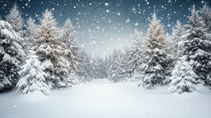 A snowy forest scene with a dark sky and heavy snowfall. It's a winter wonderland with plenty of space for adding text or images.